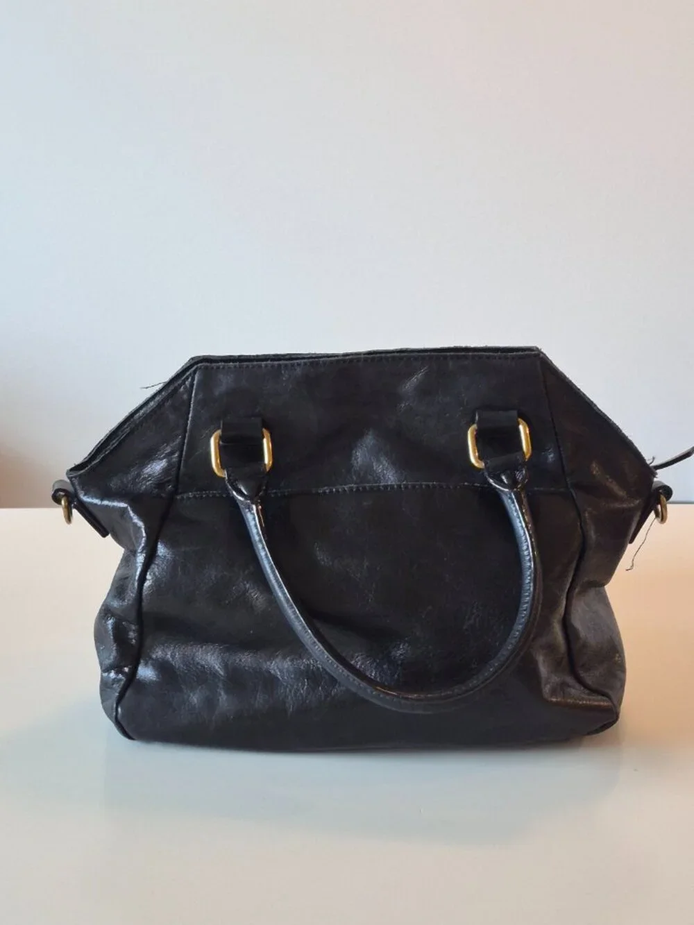 Elliott Lucca Black Genuine Leather Satchel Gold Turn Lock Handbag Purse